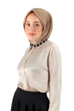 Luxurious beige satin blouse with a classic collar, paired with a stylish black and white striped neck scarf, perfect for elegant and sophisticated outfits.