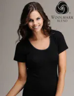 Woolmark Blend black t-shirt worn by smiling woman, showcasing stylish casual apparel for women, available on Shop of Turkey for fast shipping and quality products.