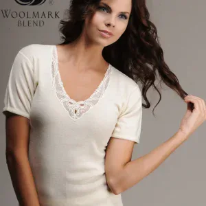 Woolmark Blend logo on a stylish cream-colored women's top with lace neckline, soft fabric, and short sleeves, ideal for casual or elegant wear.