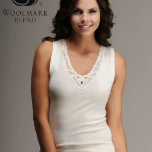 Woolmark Blend logo and a smiling woman wearing a sleeveless white top with lace neckline, showcasing Turkish fashion and textile quality.
