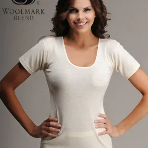 Soft beige women's T-shirt, casual spring fashion with a round neckline and short sleeves.