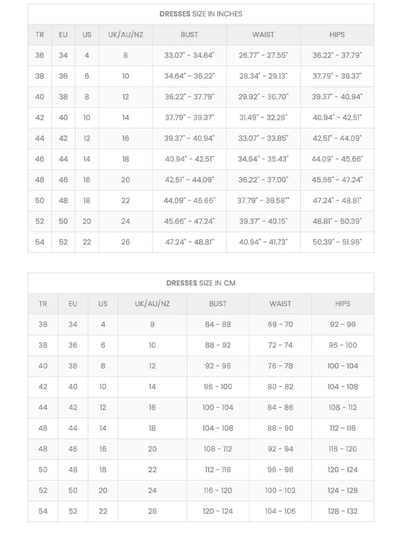 Discover the perfect fit with our detailed Turkish dress size chart, covering measurements in inches and centimeters for various sizes to help you find the ideal dress for any occasion.