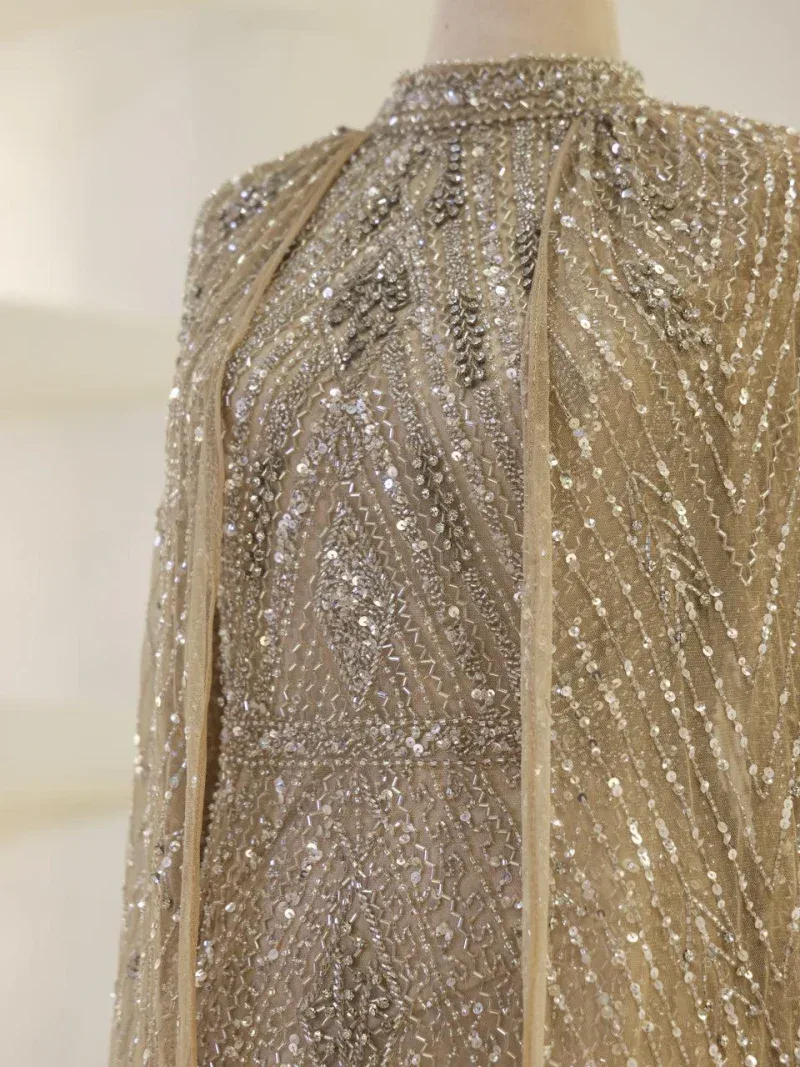 Luxurious gown featuring intricate silver beadwork and sequins on a nude mesh base, creating a glamorous and sophisticated look, perfect for special occasions.