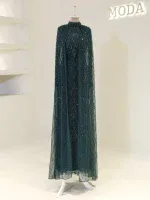 Luxurious dark teal gown adorned with intricate beads and sequins, perfect for formal events and special occasions.