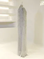 Stunning long silver sequin dress with intricate embellishments, perfect for formal events or special occasions, showcasing elegance and glamour.