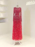 A stunning long pink dress featuring intricate embroidery and shimmering embellishments, ideal for formal events or special occasions.