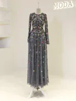 Stylish black floral embroidered maxi dress with long sleeves, perfect for special occasions and elegant events.