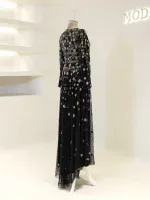 High-quality black dress with colorful floral embroidery and sheer lace fabric, ideal for special occasions, showcasing Turkish fashion craftsmanship.