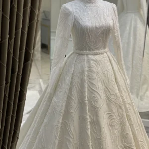 Couture Pearl Embellished Modest Wedding Dress