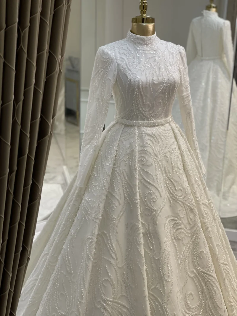 Couture Pearl Embellished Modest Wedding Dress