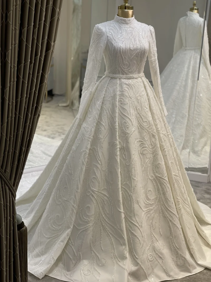 Couture Pearl Embellished Modest Wedding Dress