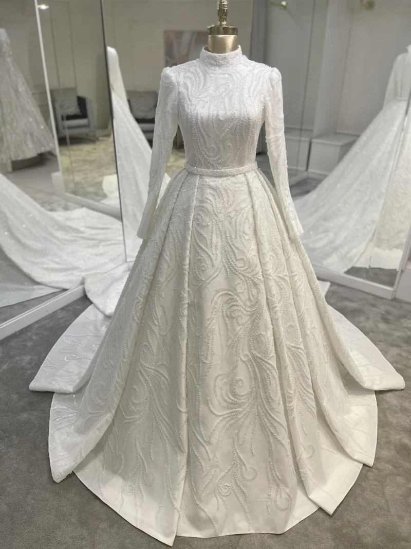 Couture Pearl Embellished Modest Wedding Dress