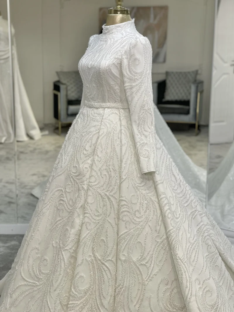 Couture Pearl Embellished Modest Wedding Dress