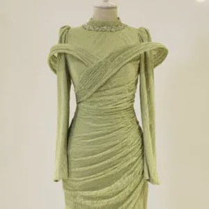 A stunning light green lace dress featuring dramatic ruffle shoulder accents, a fitted silhouette with ruched detailing, and a high neckline adorned with sparkling embellishments, perfect for formal events or special occasions.