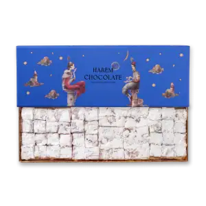 Delicious Turkish delight sweet with powdered sugar in decorative box, perfect gift from Turkey, featuring whimsical artwork on the packaging.