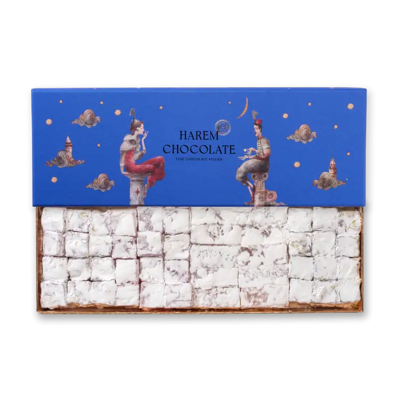 Delicious Turkish delight sweets with powdered sugar, presented in a luxurious blue box featuring whimsical illustrations and the "Harem Chocolate" brand logo. Perfect gift or treat.