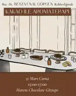 1. A table set for a chocolate aromatherapy workshop, featuring chocolate treats, candles, and aromatic bottles, promoting a relaxing and aromatic experience in Turkey.