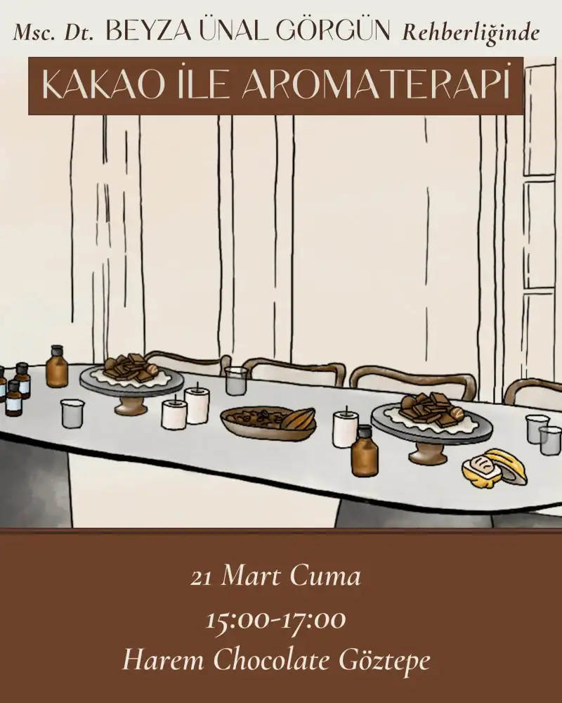 1. A table set for a chocolate aromatherapy workshop, featuring chocolate treats, candles, and aromatic bottles, promoting a relaxing and aromatic experience in Turkey.