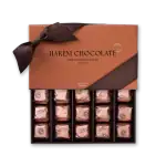 Luxurious Harem Chocolate box with brown satin ribbon, premium packaging, ideal for gifting, featuring fine Turkish chocolates made with passion from Turkey. Perfect for chocolate lovers.