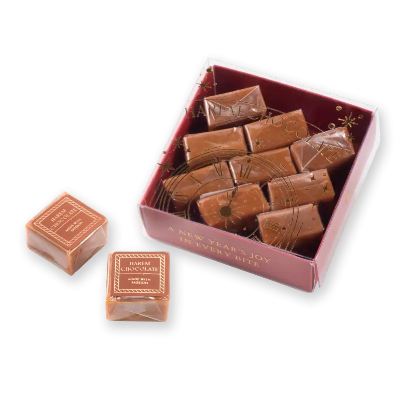Delicious Turkish caramel chocolates in festive packaging, perfect for gifting or celebrating New Year's with; quick shipping from Turkey available.