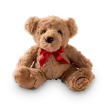 Soft brown teddy bear with a red ribbon bow, plush fur, and embroidered "H" on paw, ideal for gift-giving and cuddling.