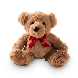 Soft brown teddy bear with a red ribbon bow, plush fur, and embroidered "H" on paw, ideal for gift-giving and cuddling.