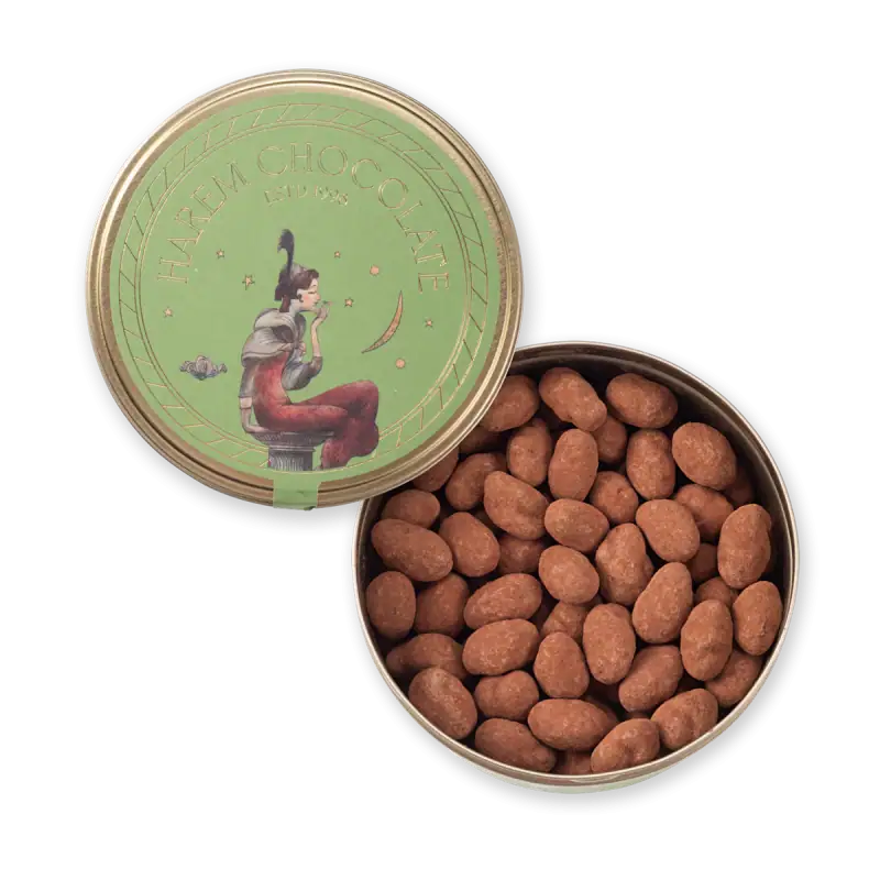 1. Delicious Turkish chocolate-covered nuts in a metal tin with intricate label design, perfect for gifting or personal indulgence.