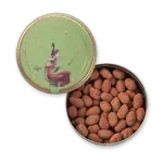 Creamy milk chocolate almonds in a decorative tin, perfect for gifts or snacking, with fast shipping from Turkey.