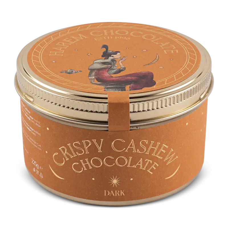 Rich, dark crispy cashew chocolate in a stylish tin, perfect for gifting or indulging, with fast shipping from Turkey's Shop of Turkey online store.