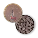 Impressive photo of Turkish chocolate-covered almonds in a decorative tin with artistic label design. Perfect for gifting or enjoying authentic Turkish sweets with fast shipping.