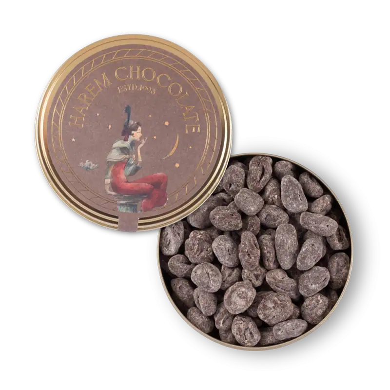 Premium dark chocolate covered coffee beans in decorative tin, perfect for gifting or personal indulgence, from Turkey’s best specialty food shop.
