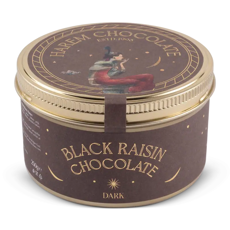 Rich, dark Turkish black raisin chocolate in elegant packaging, perfect for gift-giving or personal indulgence, with fast shipping from Turkey.