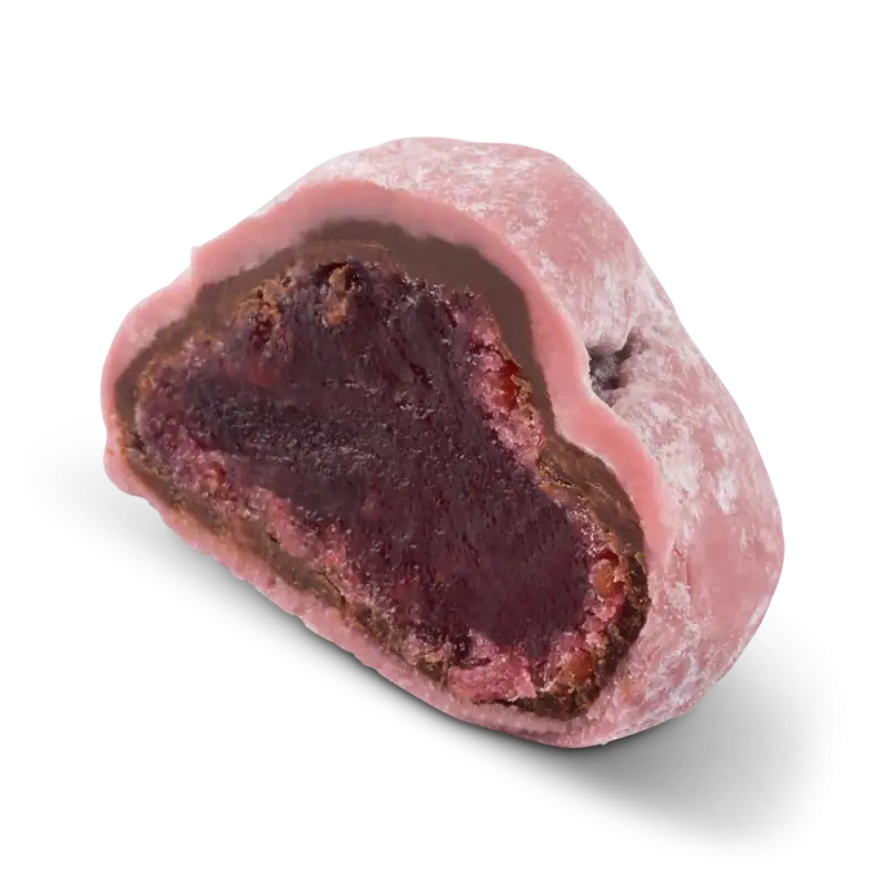 Delicious Turkish delight with pink powder coating and a rich, chewy red fruit filling, perfect for authentic Turkish treats and gifts.