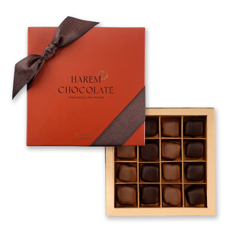 Delicious assorted Turkish chocolates in a gift box, beautifully wrapped with a brown ribbon, showcasing handcrafted confections made with passion from Turkey.