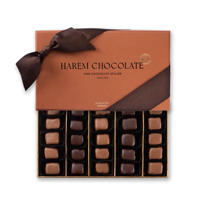 Luxurious chocolate box wrapped with a brown ribbon, featuring assorted fine chocolates from Harem Chocolate in elegant packaging.