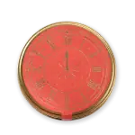 Vintage red and gold clock with Roman numerals, set at 12:00, stylish design perfect for home decor or gifts.