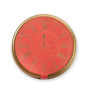 Vintage red and gold clock with Roman numerals, set at 12:00, stylish design perfect for home decor or gifts.