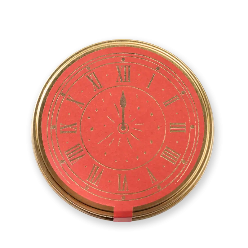 Elegant round clock with a red face and gold Roman numerals, featuring a vintage style and classic design. Perfect for home or office decor, showcasing timeless charm.