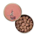 1. Handmade Turkish chocolate truffles in a round tin with decorative pink label featuring an artistic illustration of a woman and celestial elements, perfect for gifting or treats.