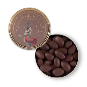 1. Elegant round tin of Turkish chocolate-covered almonds with decorative vintage-style packaging and artistic illustration, ideal for gifting and snacking.