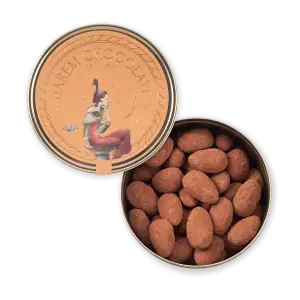 1. Delicious Turkish chocolate covered almonds in a tins with whimsical label, perfect for gifting or snacking.
