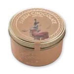 1. Elegant round tin of crispy almond chocolate with artistic illustration of a woman in traditional attire, perfect for gifting and enjoying premium Turkish sweets.