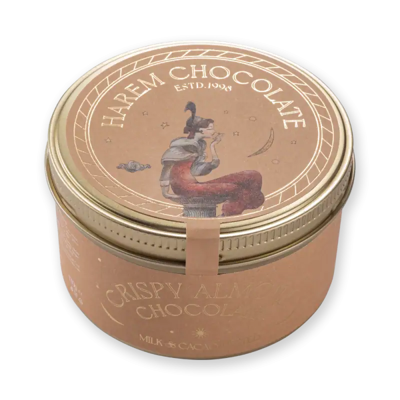 1. Elegant round tin of crispy almond chocolate with artistic illustration of a woman in traditional attire, perfect for gifting and enjoying premium Turkish sweets.