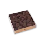 Rich, dark Turkish chocolate almonds in a clear box with elegant gold accents, perfect for gifting or indulging. Fast shipping from Turkey.