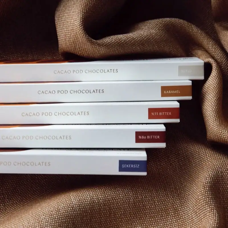 Premium Turkish cacao pod chocolate bars with variety of flavors including sweet, caramel, and bitter options, available with fast shipping from Turkey.
