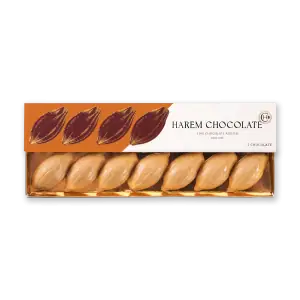 Rich milk chocolate with a smooth, glossy finish in a sleek, elegant packaging. Ideal for gifting or personal indulgence, crafted by Harem Chocolate.