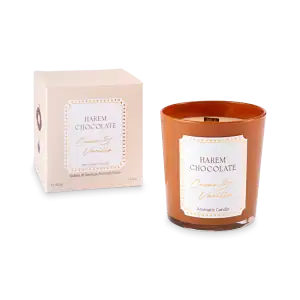 Aromatic Harem Chocolate vanilla and cocoa scented candle in a glass jar with matching packaging from Turkey.