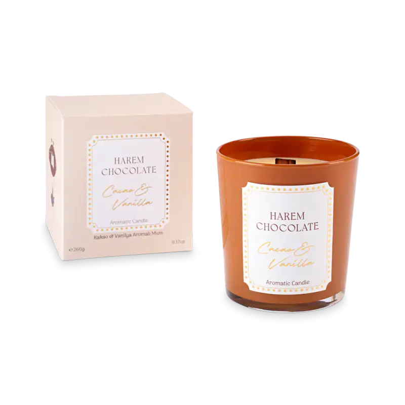 Aromatic Harem Chocolate vanilla and cocoa scented candle in a glass jar with matching packaging from Turkey.