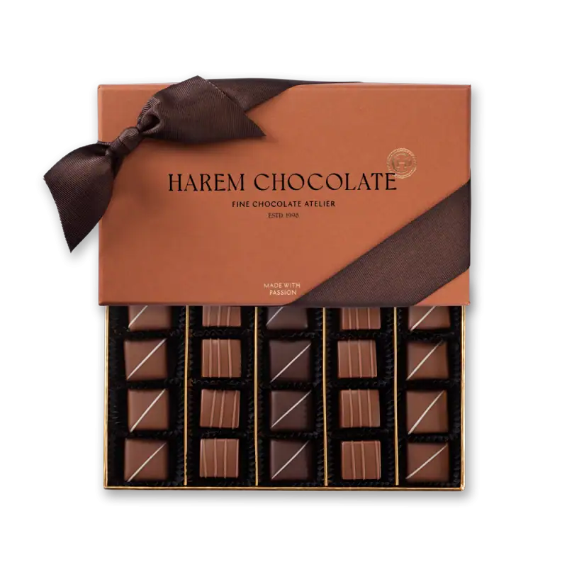 Premium Turkish chocolates box from Harem Chocolate with elegant packaging and variety of flavors, ideal for gifting and indulging in fine Turkish chocolate treats.