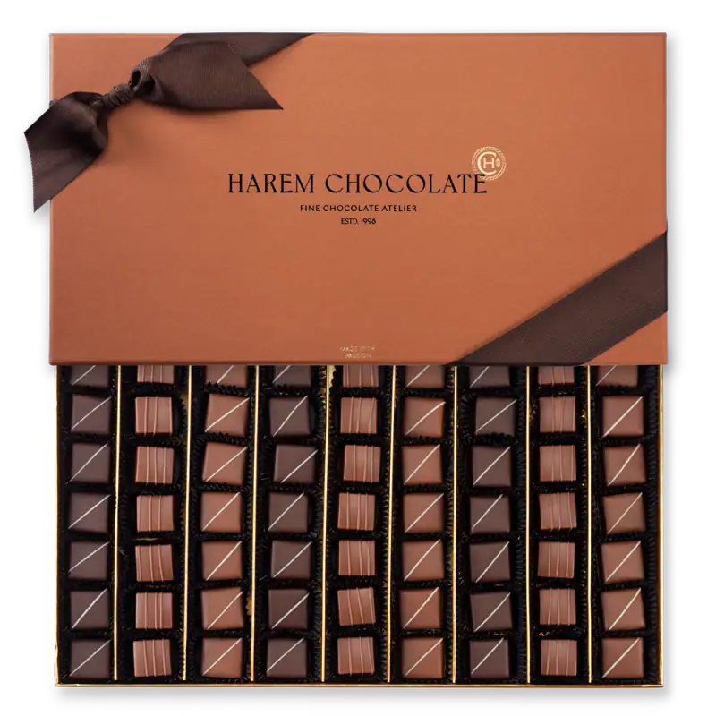 1. Assorted Harem Chocolate box with elegant brown packaging and ribbon, featuring luxurious Turkish chocolates made with passion.